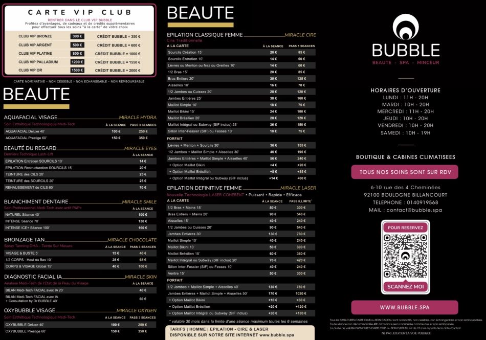 CARTE DES SOINS I BUBBLE I Verso