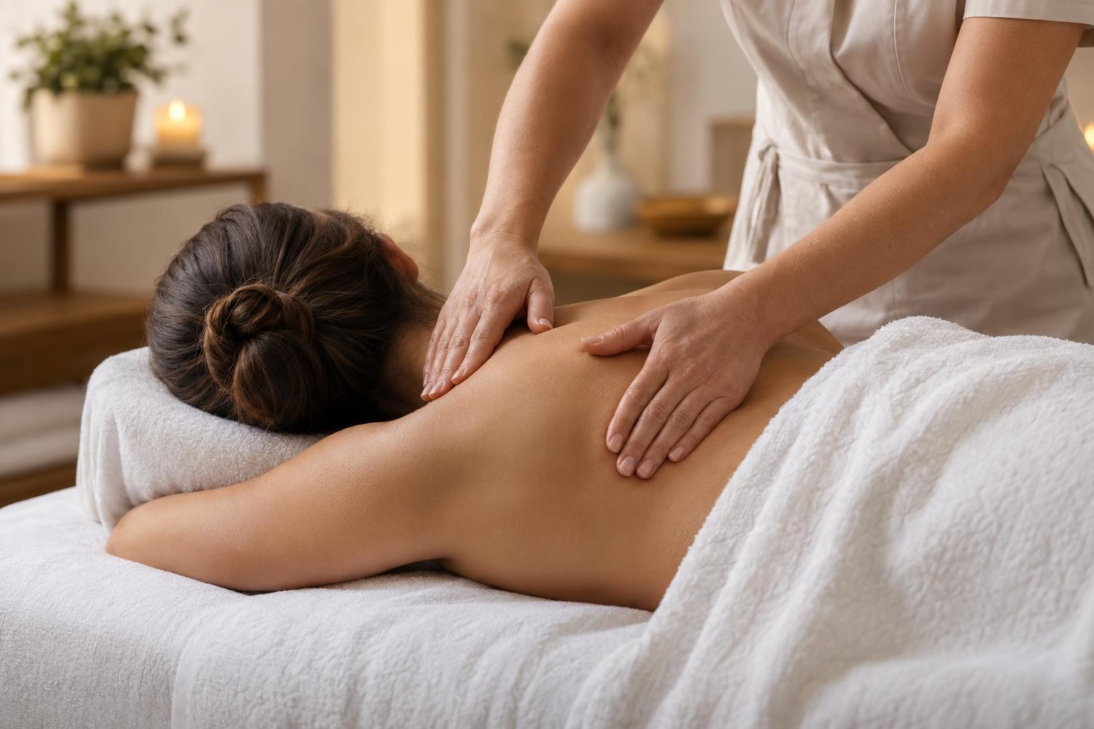 Massage du dos réalisé avec des gestes calmes dans une cabine de soin