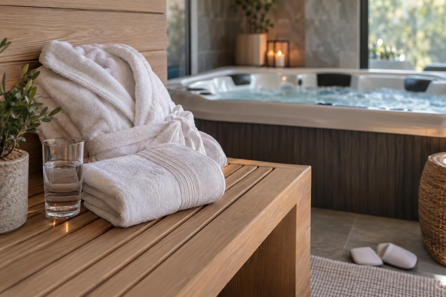 Serviettes et verre d’eau préparés à côté d’un jacuzzi privatif