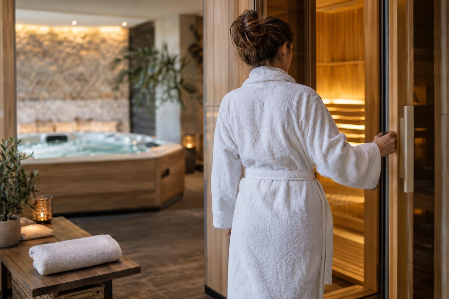 Une cliente en peignoir s’apprête à entrer dans l’espace jacuzzi